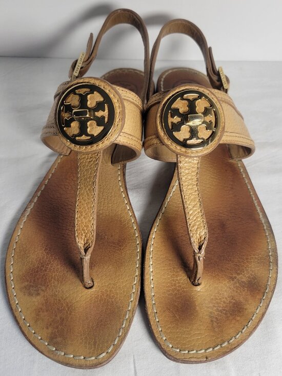 Tory Burch Shoes - Tory Burch T Logo Leather Thong Sandals Tan Gold Women's Size 9
